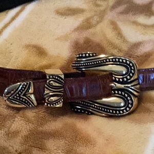 Vincenza Brown Calfskin Alligator Print Belt w/ Large Gold Hardware